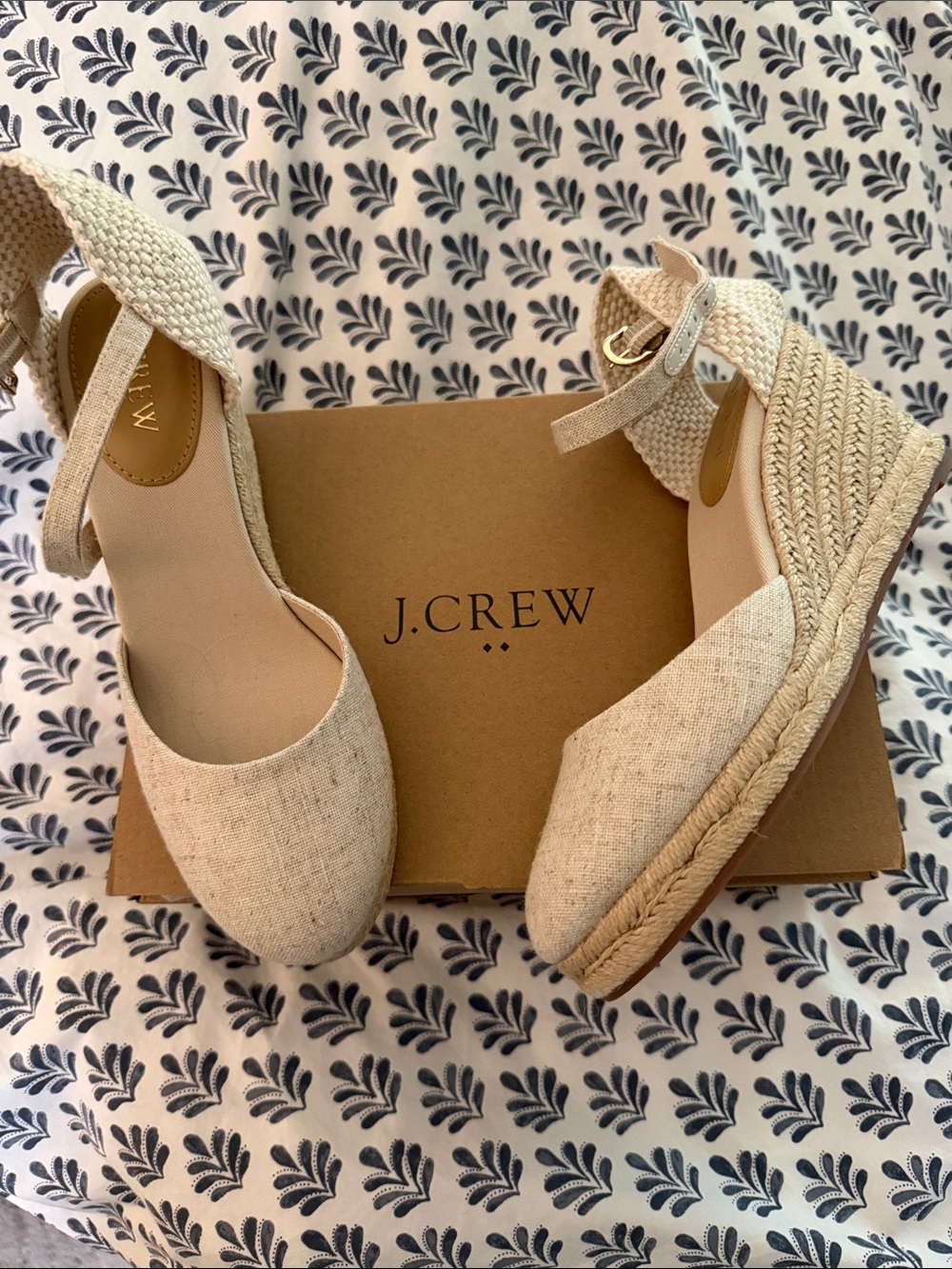 NWT and Box, J. Crew Beige Linen Espadrille Ankle-Strap Wedges